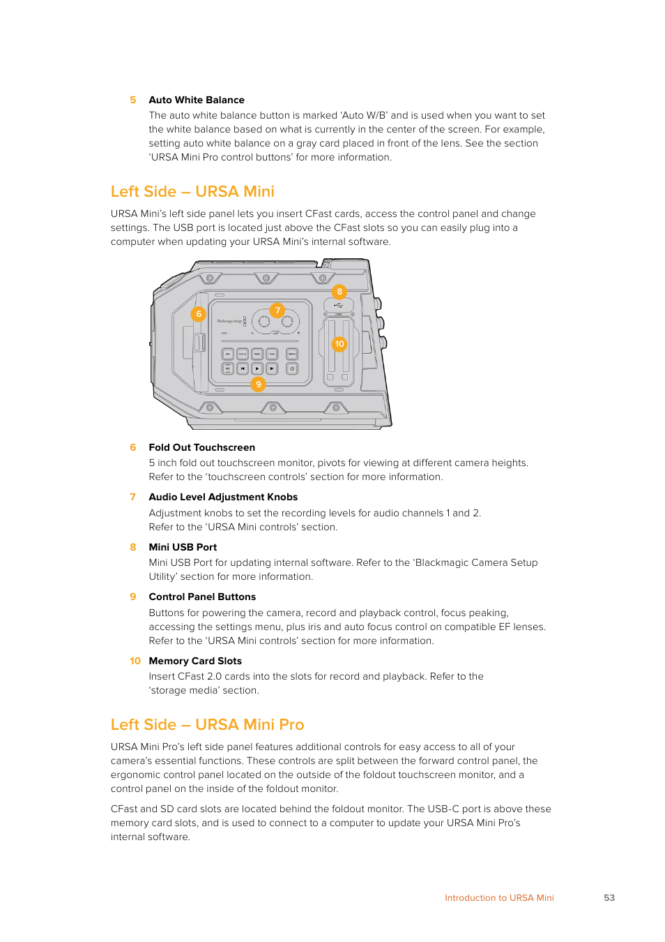 Left side – ursa mini, Left side – ursa mini pro | Blackmagic Design URSA Mini Pro 12K (PL) User Manual | Page 53 / 294
