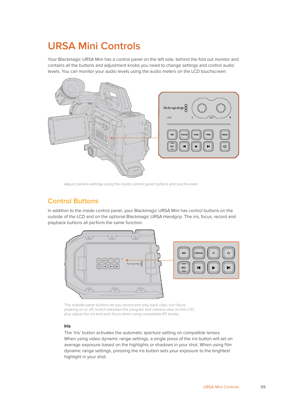 Ursa mini controls, Control buttons | Blackmagic Design URSA Mini Pro 12K (PL) User Manual | Page 59 / 294