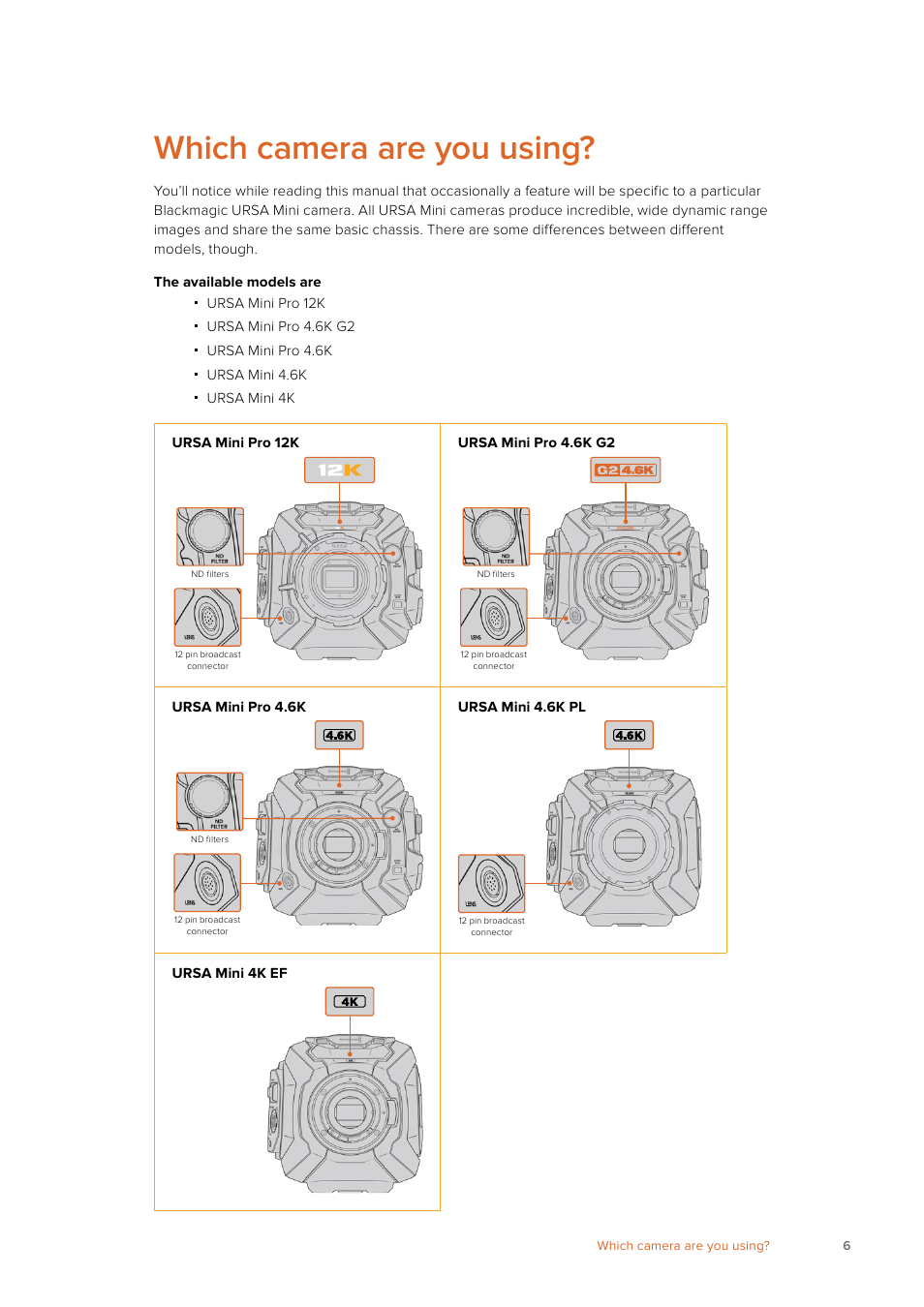 Which camera are you using | Blackmagic Design URSA Mini Pro 12K (PL) User Manual | Page 6 / 294