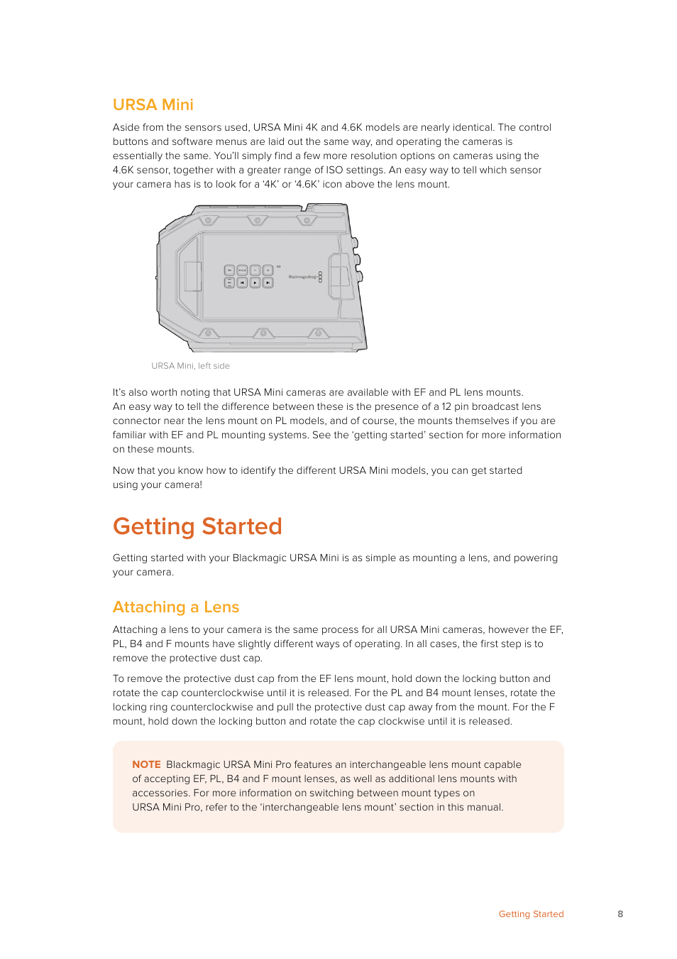 Getting started, Ursa mini, Attaching a lens | Blackmagic Design URSA Mini Pro 12K (PL) User Manual | Page 8 / 294