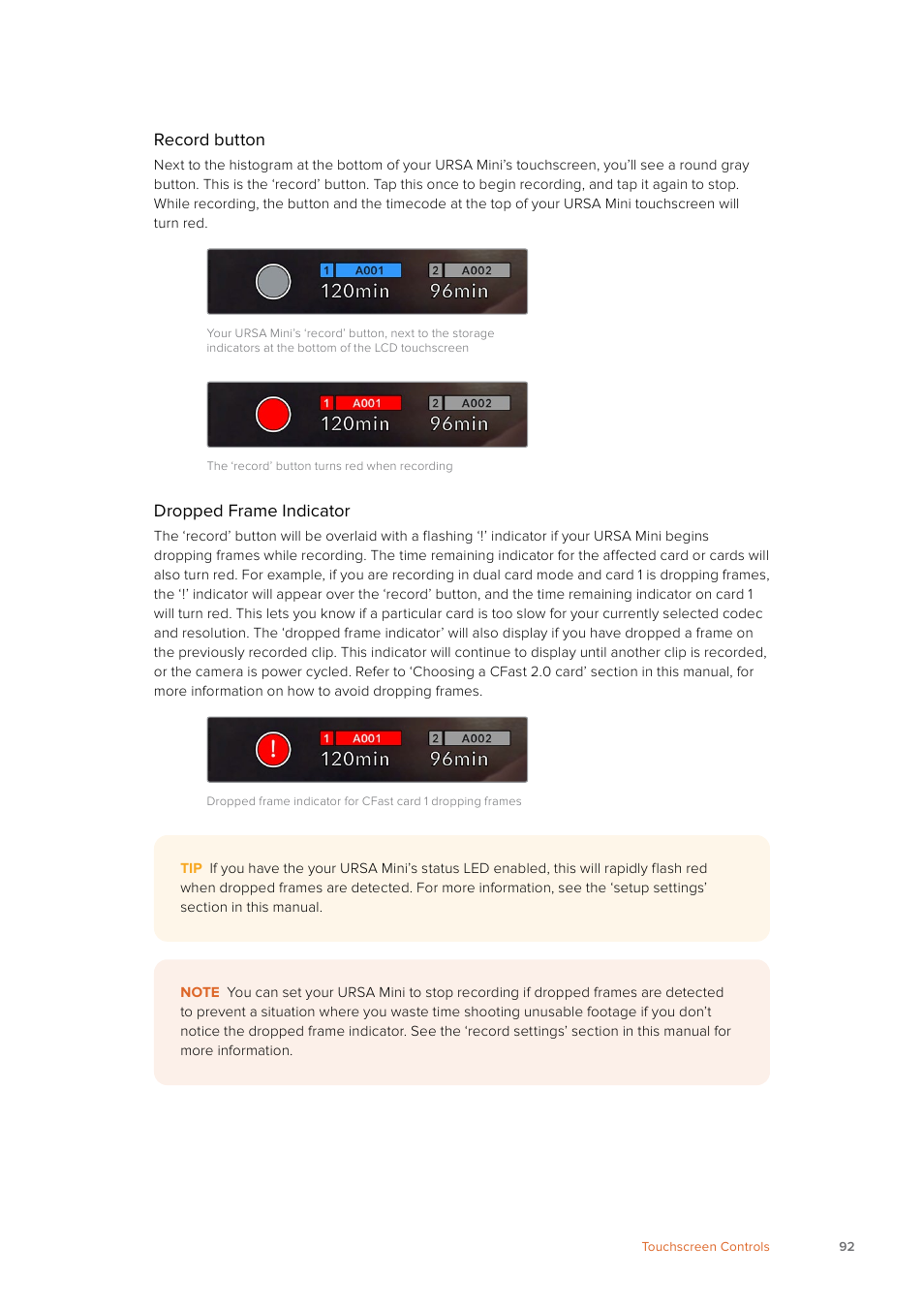 Record button, Dropped frame indicator | Blackmagic Design URSA Mini Pro 12K (PL) User Manual | Page 92 / 294