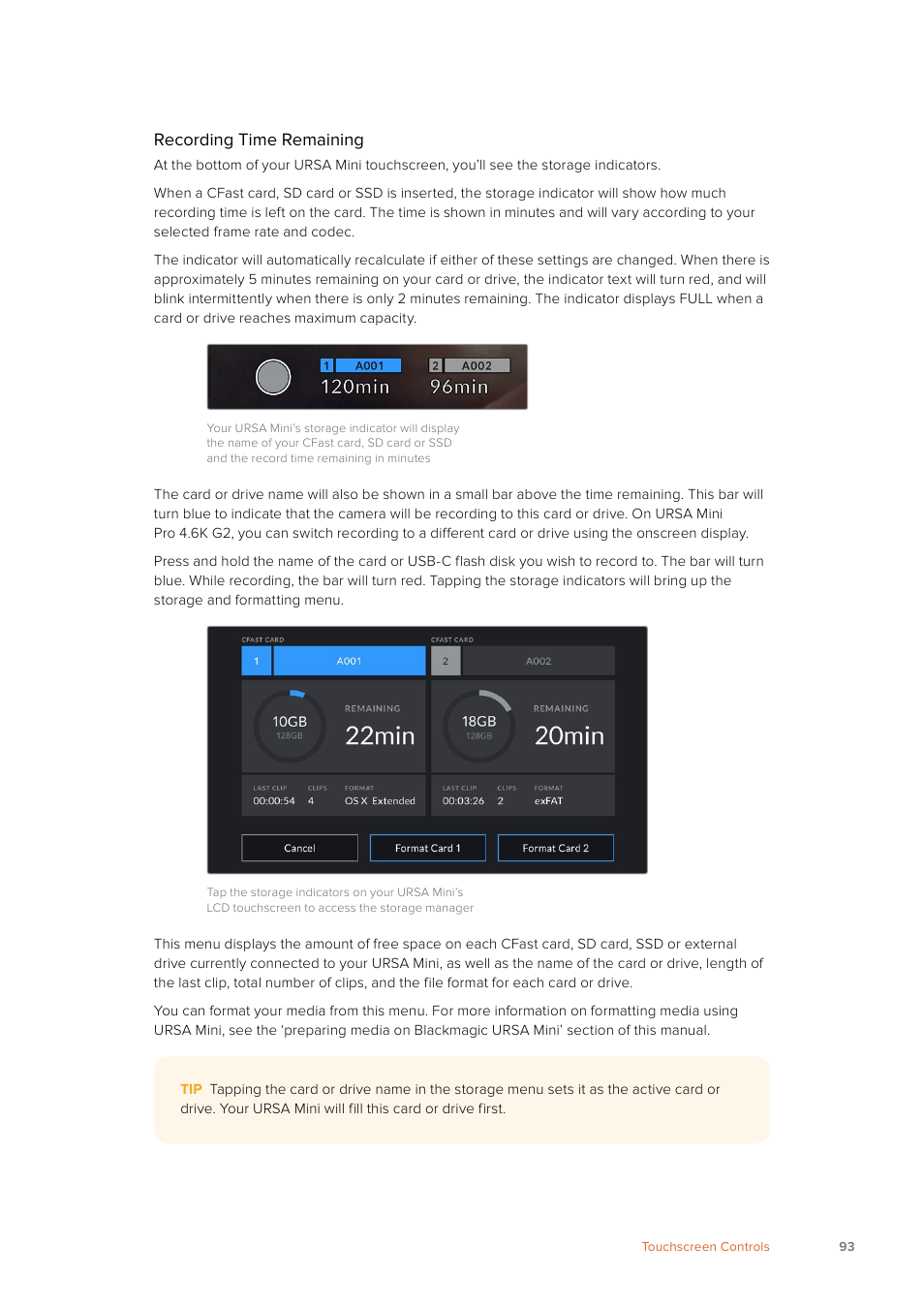 Recording time remaining | Blackmagic Design URSA Mini Pro 12K (PL) User Manual | Page 93 / 294