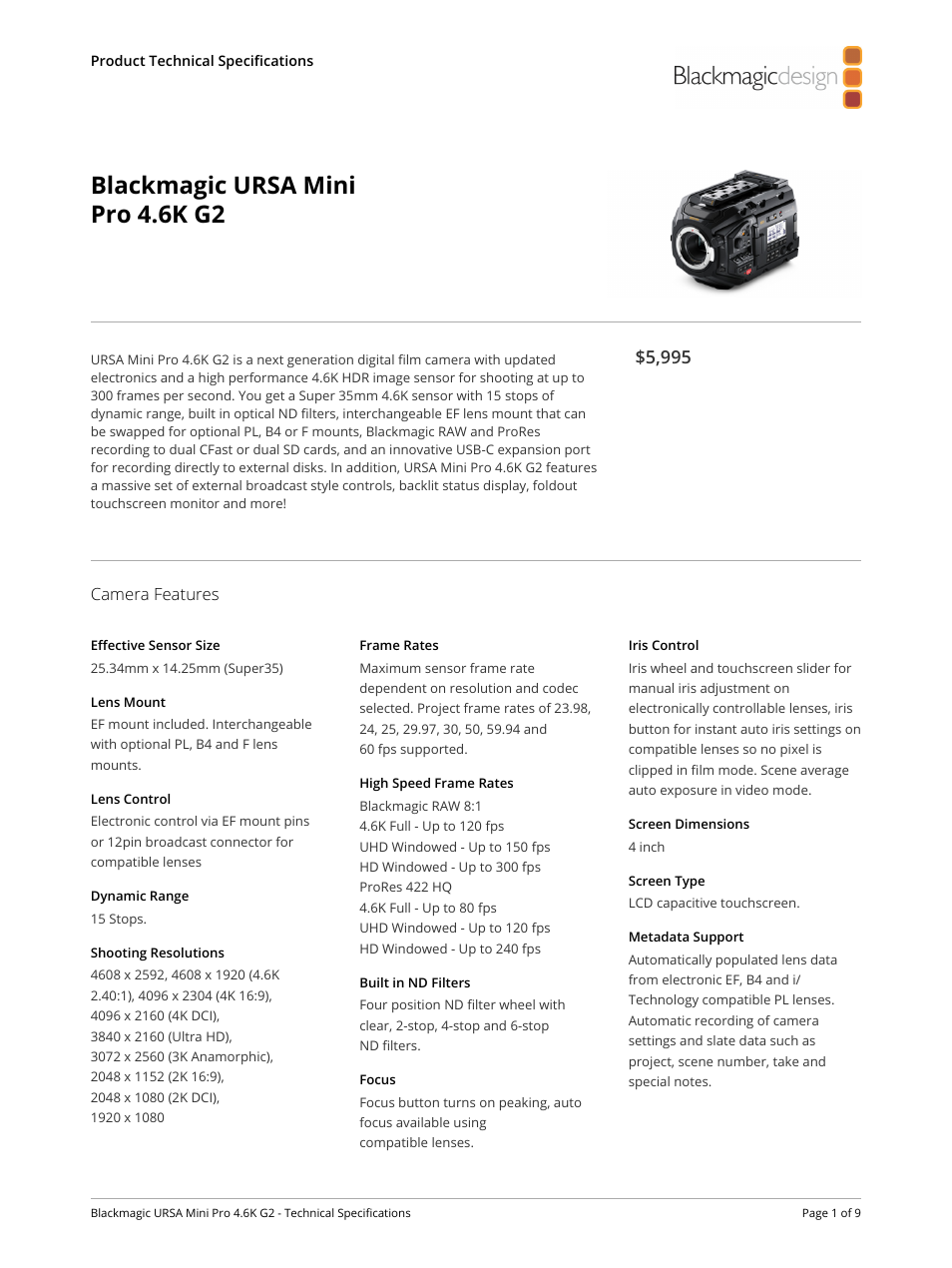 Blackmagic Design URSA Mini Pro 4.6K G2 Digital Cinema Camera User Manual | 9 pages