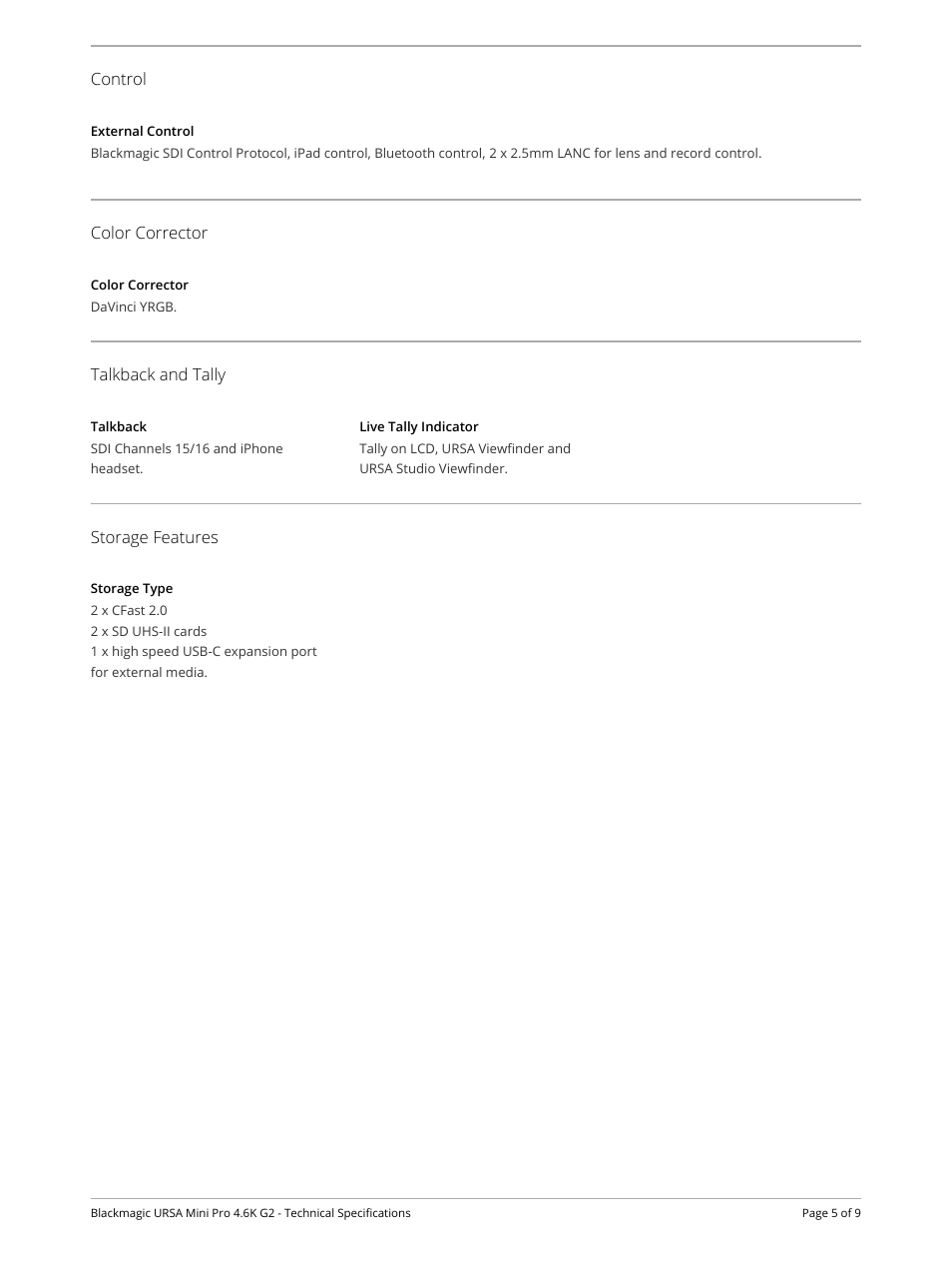Control, External control, Color corrector | Talkback and tally, Talkback, Live tally indicator, Storage features, Storage type | Blackmagic Design URSA Mini Pro 4.6K G2 Digital Cinema Camera User Manual | Page 5 / 9