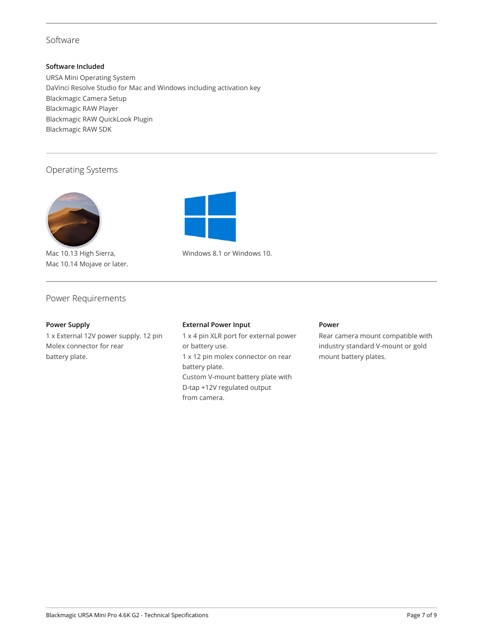 Software, Software included, Operating systems | Power requirements, Power supply, External power input, Power | Blackmagic Design URSA Mini Pro 4.6K G2 Digital Cinema Camera User Manual | Page 7 / 9