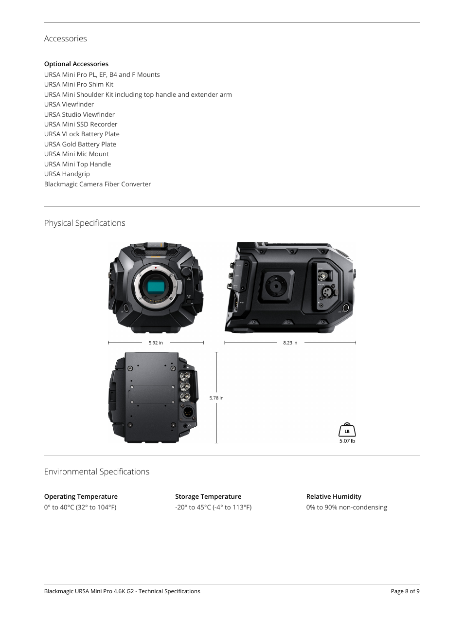 Accessories, Optional accessories, Physical specifications | Environmental specifications, Operating temperature, Storage temperature, Relative humidity | Blackmagic Design URSA Mini Pro 4.6K G2 Digital Cinema Camera User Manual | Page 8 / 9