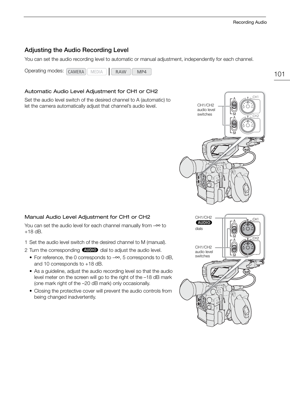 Adjusting the audio recording level, Adjusting the audio recording level 101 | Canon EOS C200 EF Cinema Camera and 24-105mm Lens Kit User Manual | Page 101 / 220