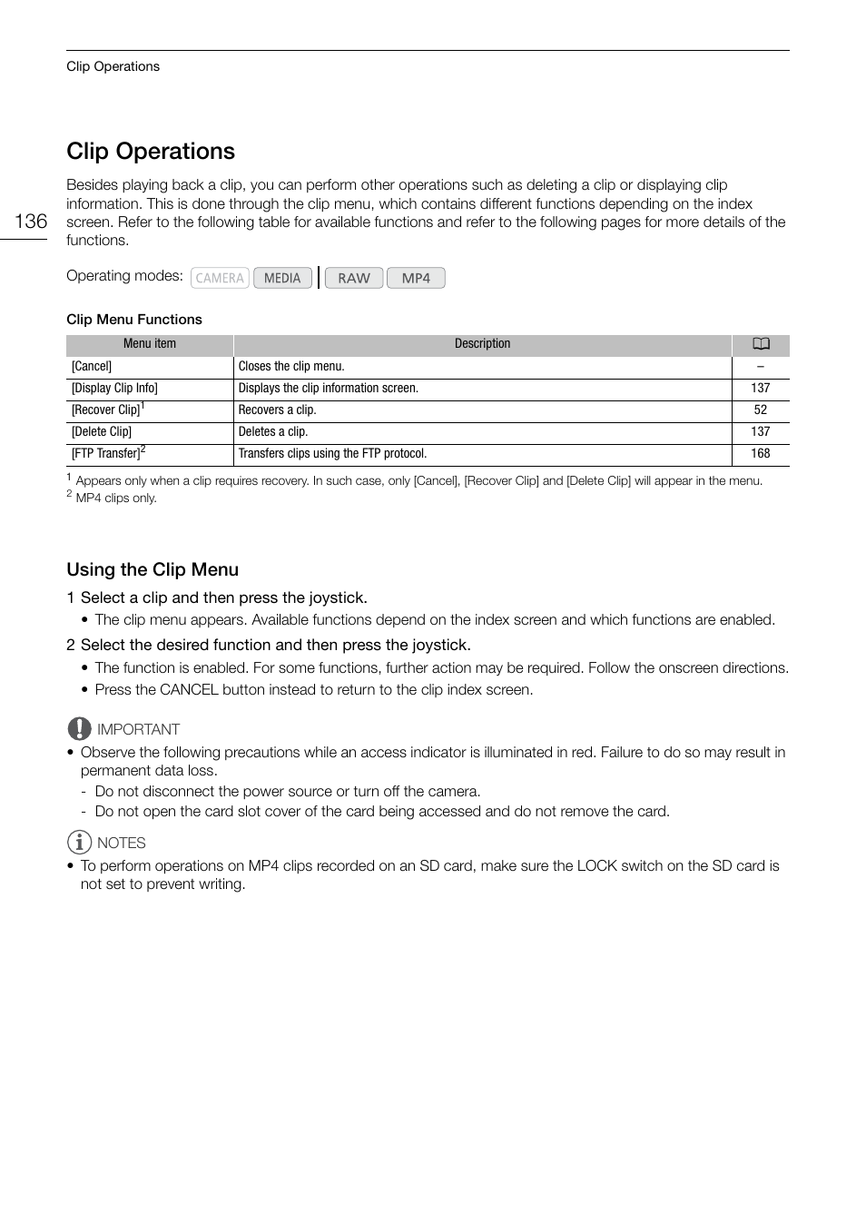 Clip operations, Using the clip menu, Clip operations 136 | Using the clip menu 136 | Canon EOS C200 EF Cinema Camera and 24-105mm Lens Kit User Manual | Page 136 / 220