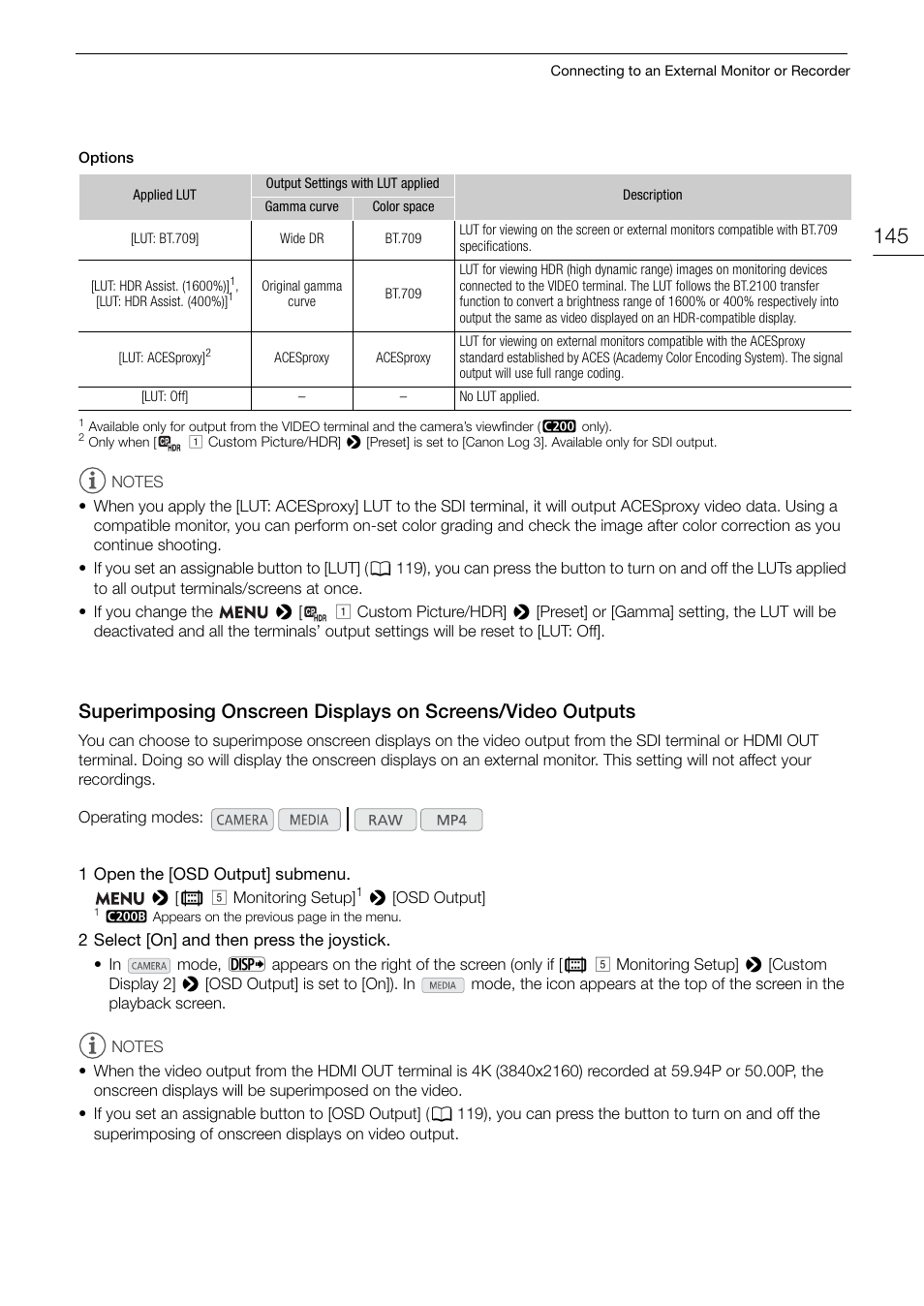 Superimposing onscreen displays on screens, Video outputs 145 | Canon EOS C200 EF Cinema Camera and 24-105mm Lens Kit User Manual | Page 145 / 220