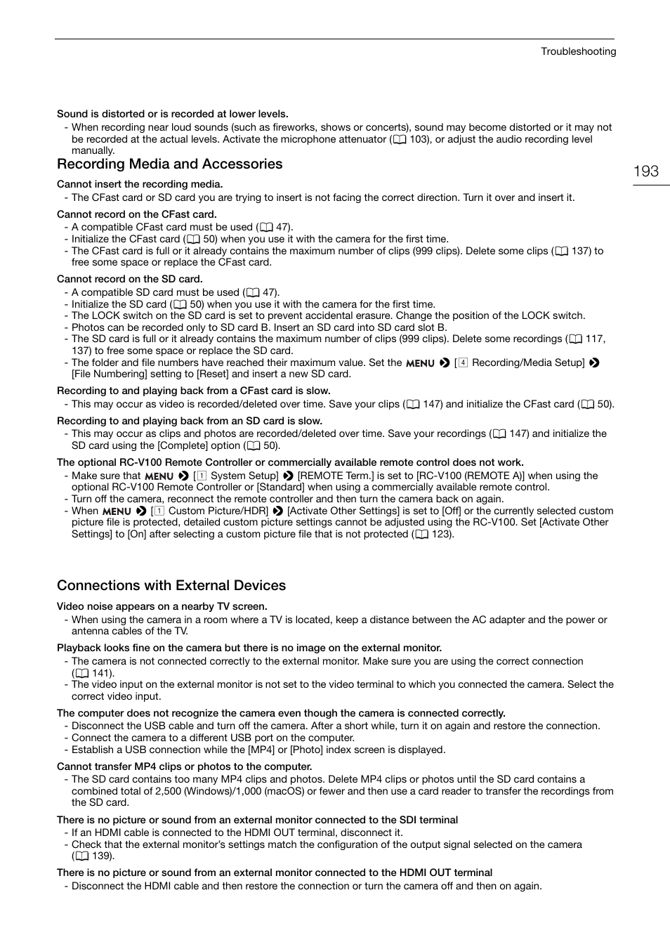 Recording media and accessories, Connections with external devices | Canon EOS C200 EF Cinema Camera and 24-105mm Lens Kit User Manual | Page 193 / 220