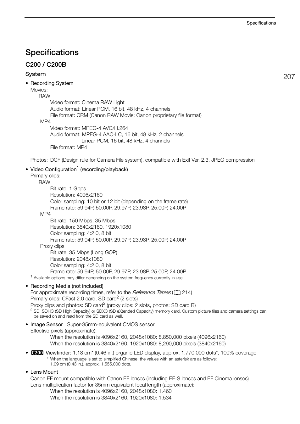 Specifications, Specifications 207 | Canon EOS C200 EF Cinema Camera and 24-105mm Lens Kit User Manual | Page 207 / 220