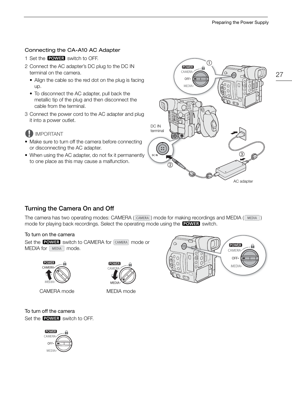 Turning the camera on and off, Turning the camera on and off 27, 27) and | Canon EOS C200 EF Cinema Camera and 24-105mm Lens Kit User Manual | Page 27 / 220