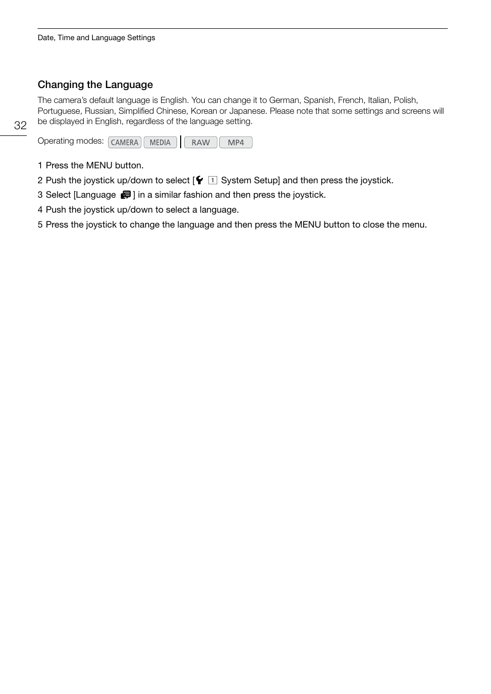 Changing the language, Changing the language 32 | Canon EOS C200 EF Cinema Camera and 24-105mm Lens Kit User Manual | Page 32 / 220