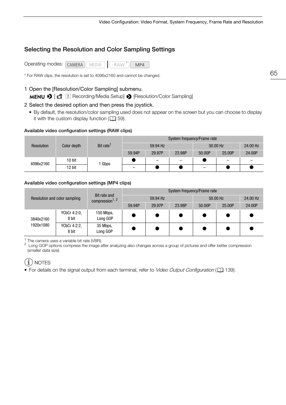 Selecting the resolution and color sampling, Settings 65 | Canon EOS C200 EF Cinema Camera and 24-105mm Lens Kit User Manual | Page 65 / 220