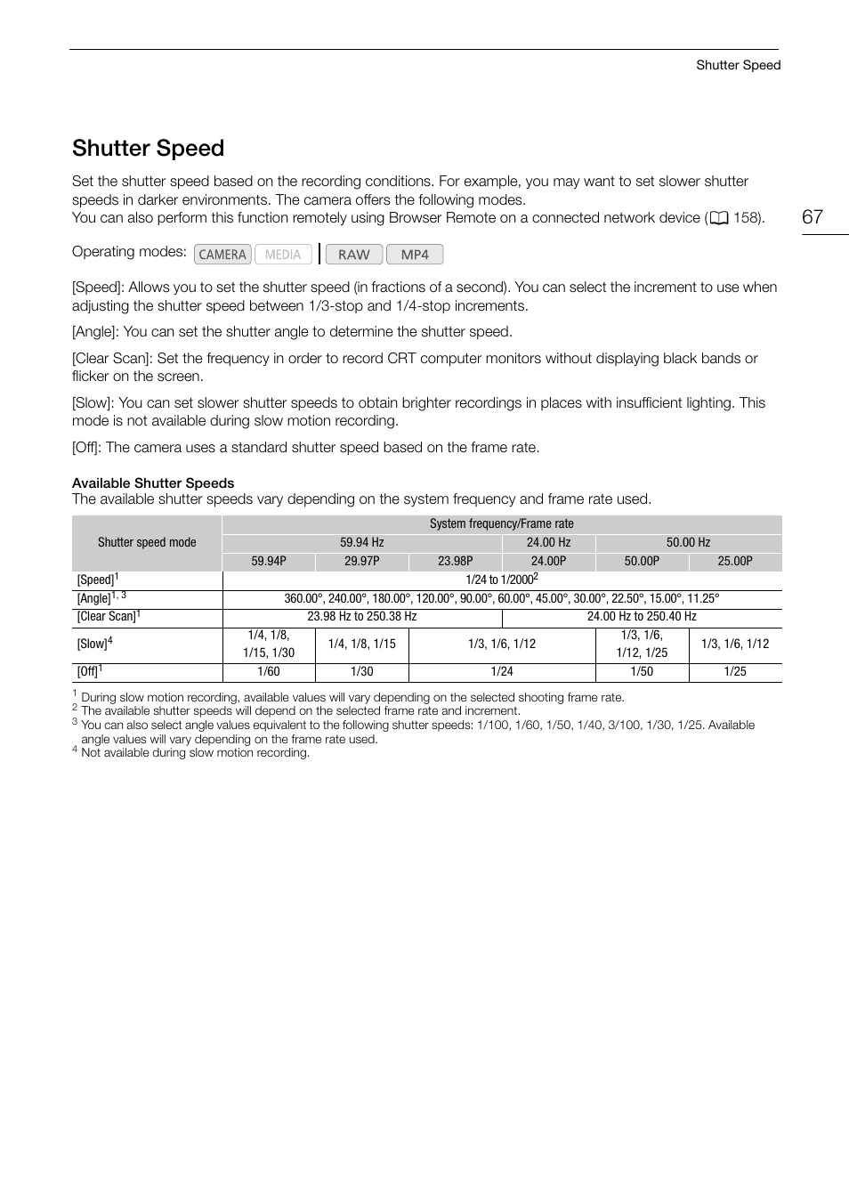 Shutter speed, Shutter speed 67 | Canon EOS C200 EF Cinema Camera and 24-105mm Lens Kit User Manual | Page 67 / 220