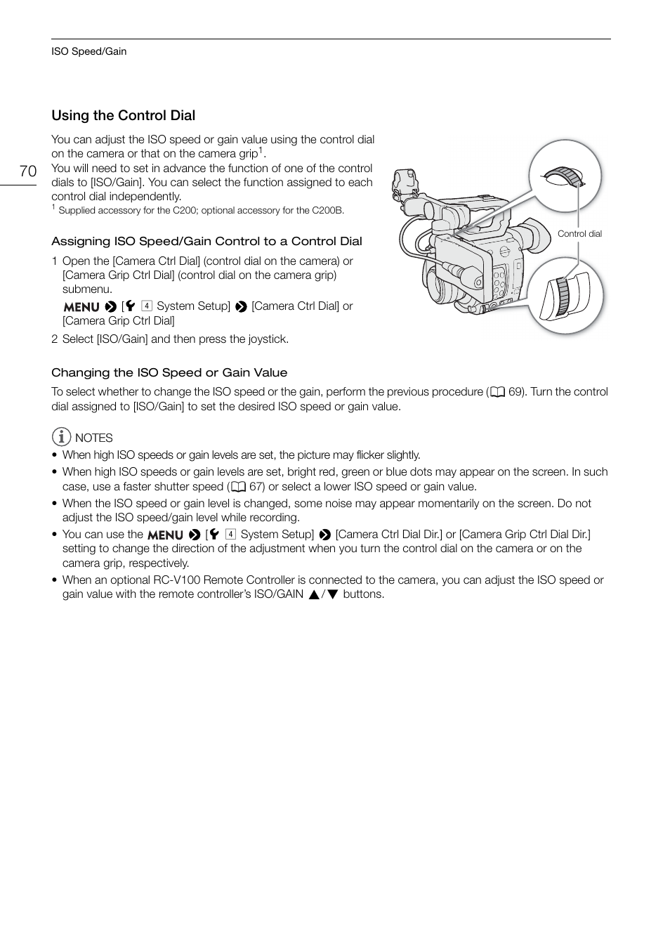 Using the control dial, Using the control dial 70 | Canon EOS C200 EF Cinema Camera and 24-105mm Lens Kit User Manual | Page 70 / 220