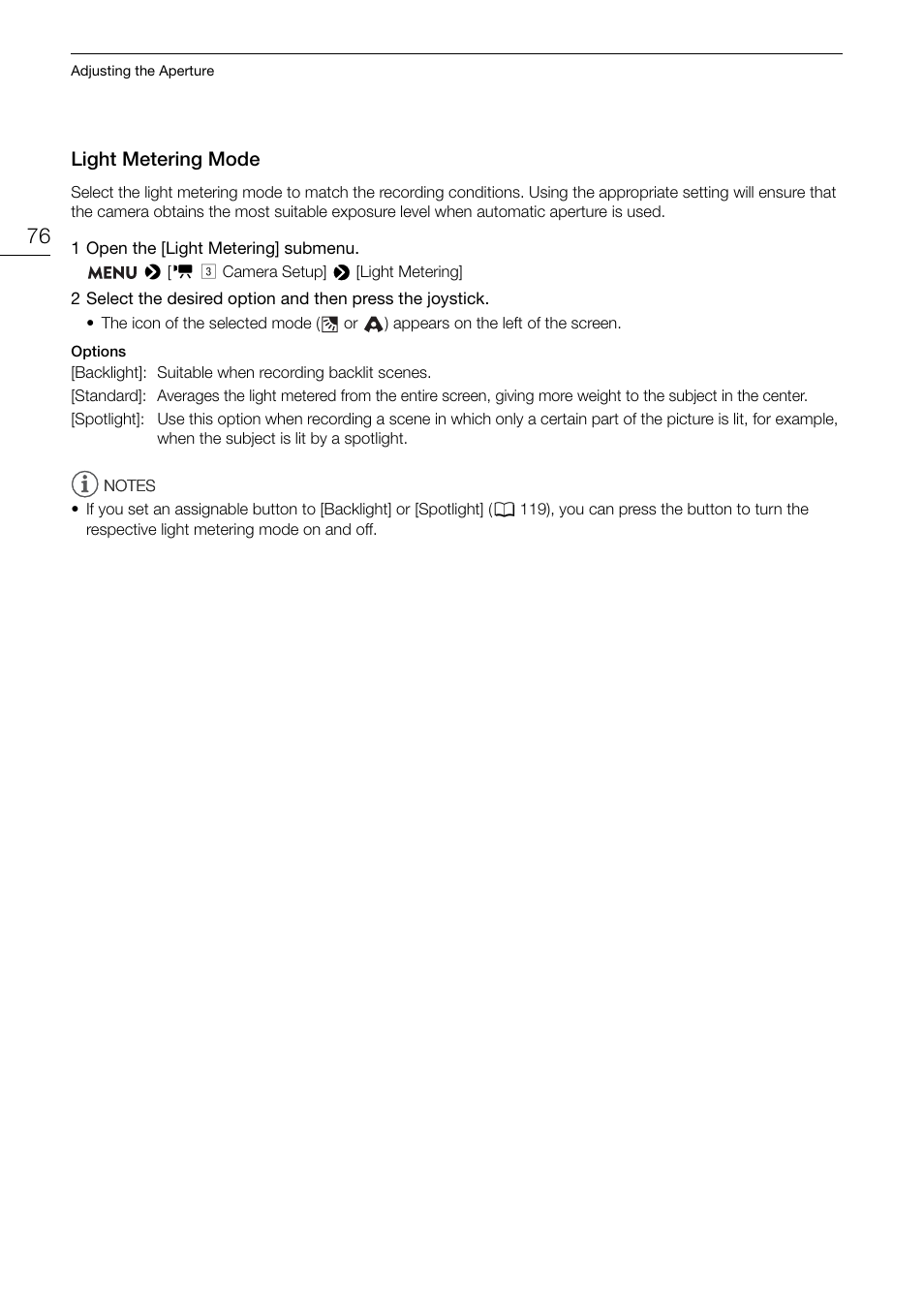 Light metering mode, Light metering mode 76 | Canon EOS C200 EF Cinema Camera and 24-105mm Lens Kit User Manual | Page 76 / 220