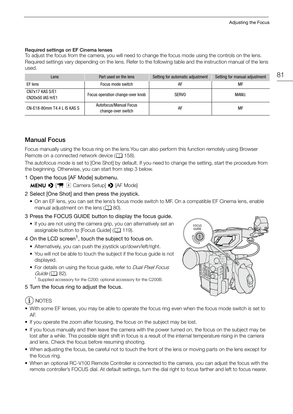 Manual focus, Manual focus 81 | Canon EOS C200 EF Cinema Camera and 24-105mm Lens Kit User Manual | Page 81 / 220