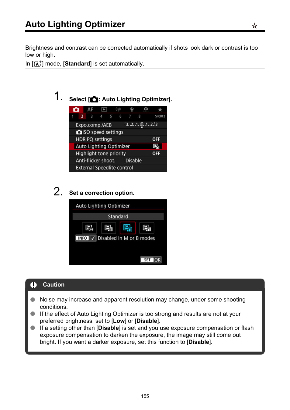Auto lighting optimizer | Canon EOS R5 C VR Creator Kit with RF 5.2mm f/2.8 Dual Fisheye Lens User Manual | Page 155 / 787