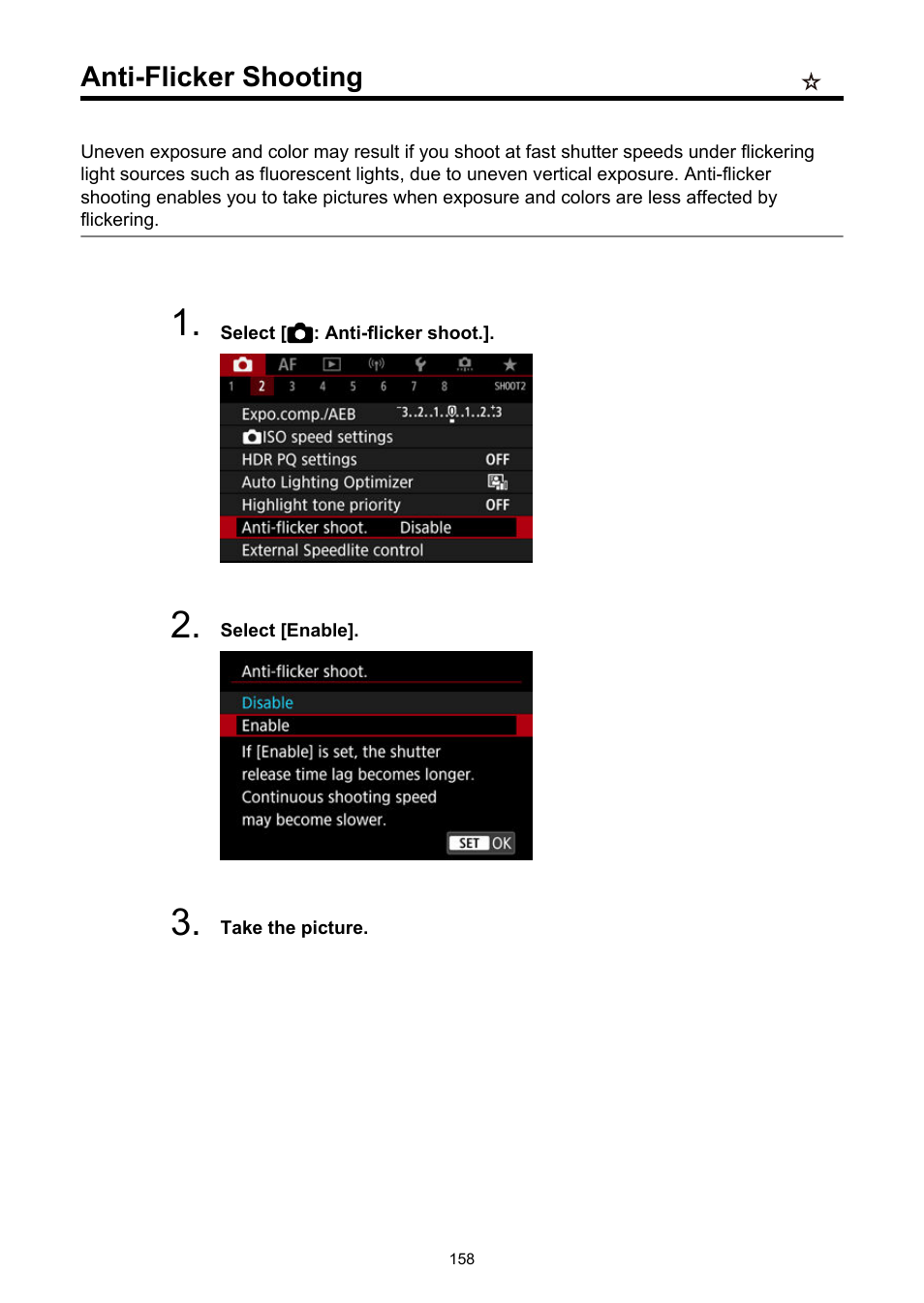 Anti-flicker shooting, Anti-flicker shoot | Canon EOS R5 C VR Creator Kit with RF 5.2mm f/2.8 Dual Fisheye Lens User Manual | Page 158 / 787