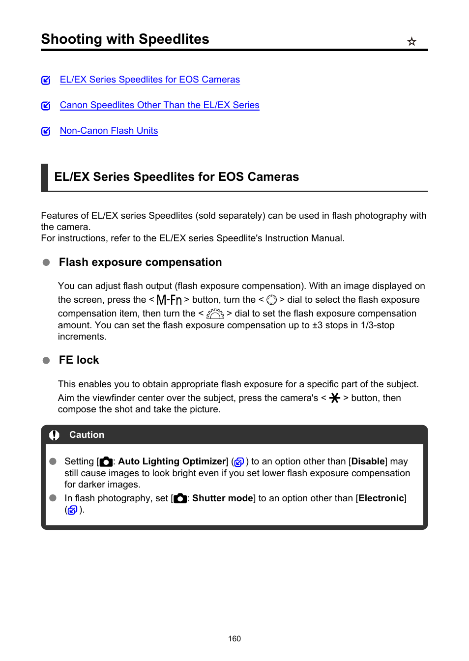 Shooting with speedlites, External speedlite control, El/ex series speedlites for eos cameras | Canon EOS R5 C VR Creator Kit with RF 5.2mm f/2.8 Dual Fisheye Lens User Manual | Page 160 / 787