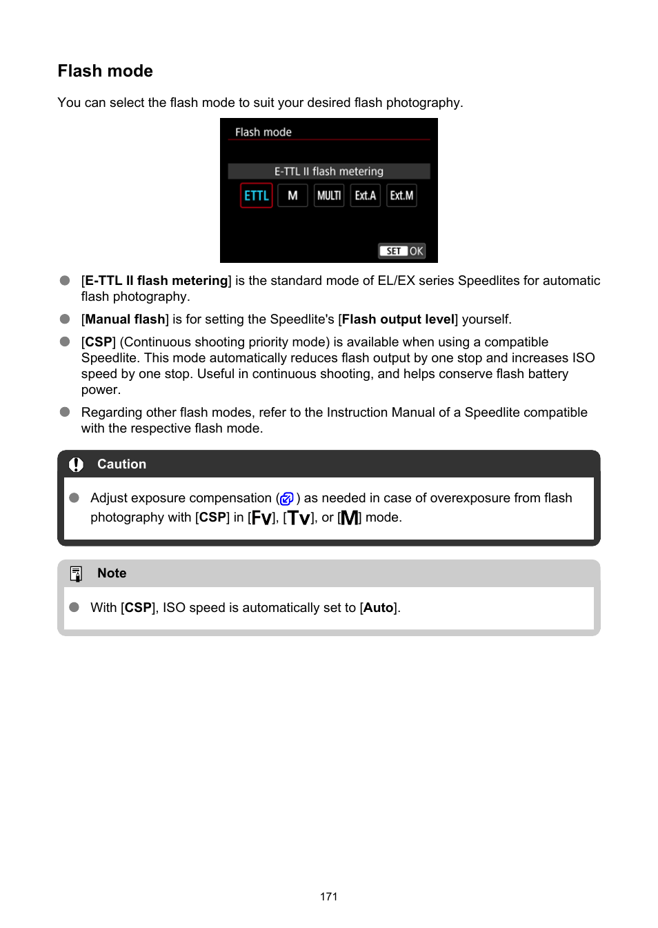 Flash mode | Canon EOS R5 C VR Creator Kit with RF 5.2mm f/2.8 Dual Fisheye Lens User Manual | Page 171 / 787