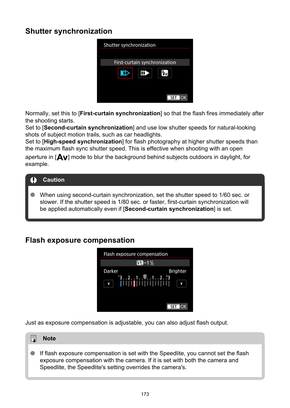 Shutter synchronization, Flash exposure compensation | Canon EOS R5 C VR Creator Kit with RF 5.2mm f/2.8 Dual Fisheye Lens User Manual | Page 173 / 787
