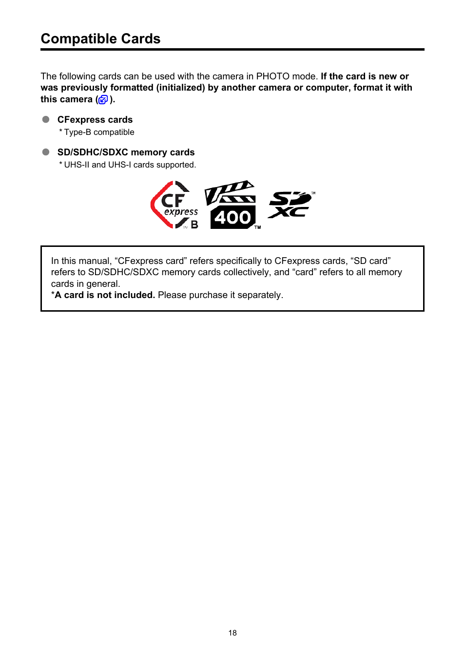 Compatible cards | Canon EOS R5 C VR Creator Kit with RF 5.2mm f/2.8 Dual Fisheye Lens User Manual | Page 18 / 787