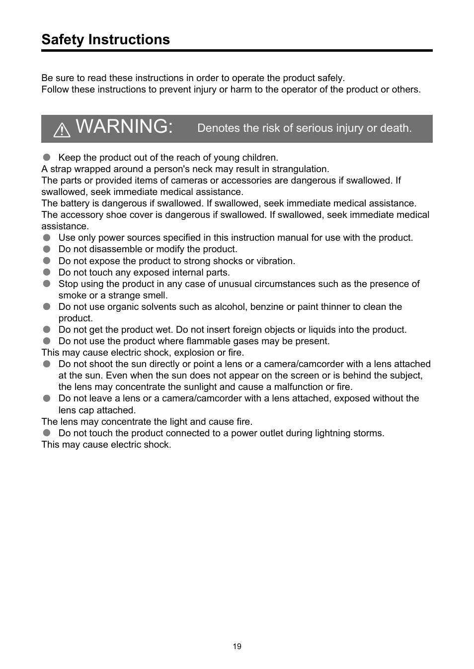 Safety instructions, Warning | Canon EOS R5 C VR Creator Kit with RF 5.2mm f/2.8 Dual Fisheye Lens User Manual | Page 19 / 787