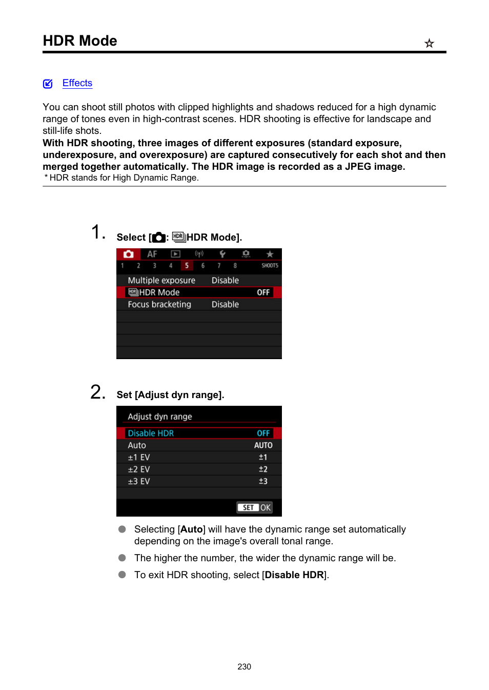 Hdr mode | Canon EOS R5 C VR Creator Kit with RF 5.2mm f/2.8 Dual Fisheye Lens User Manual | Page 230 / 787