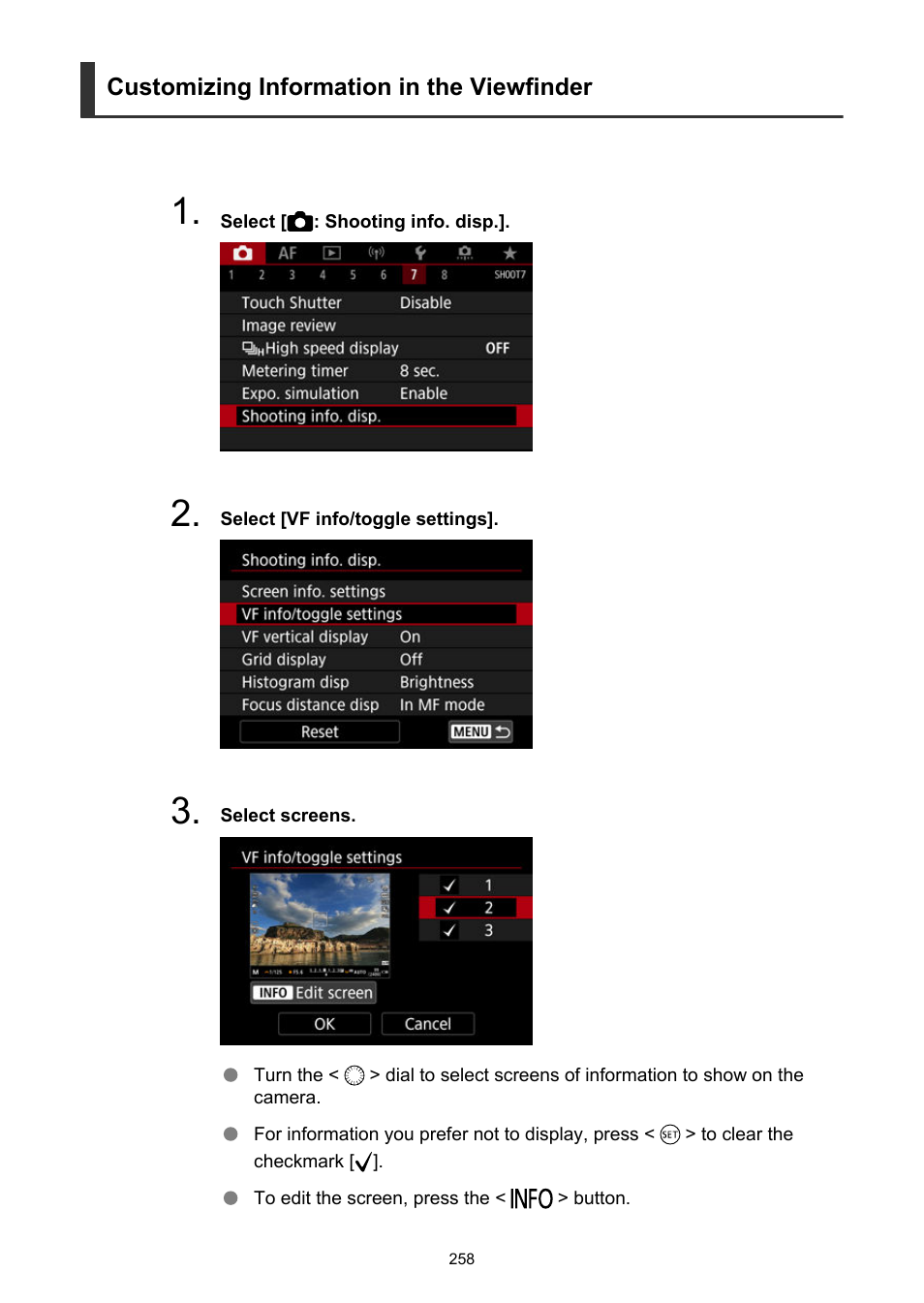 Customizing information in the viewfinder | Canon EOS R5 C VR Creator Kit with RF 5.2mm f/2.8 Dual Fisheye Lens User Manual | Page 258 / 787