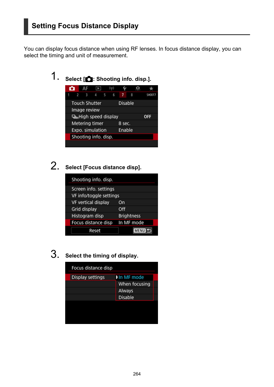 Setting focus distance display | Canon EOS R5 C VR Creator Kit with RF 5.2mm f/2.8 Dual Fisheye Lens User Manual | Page 264 / 787