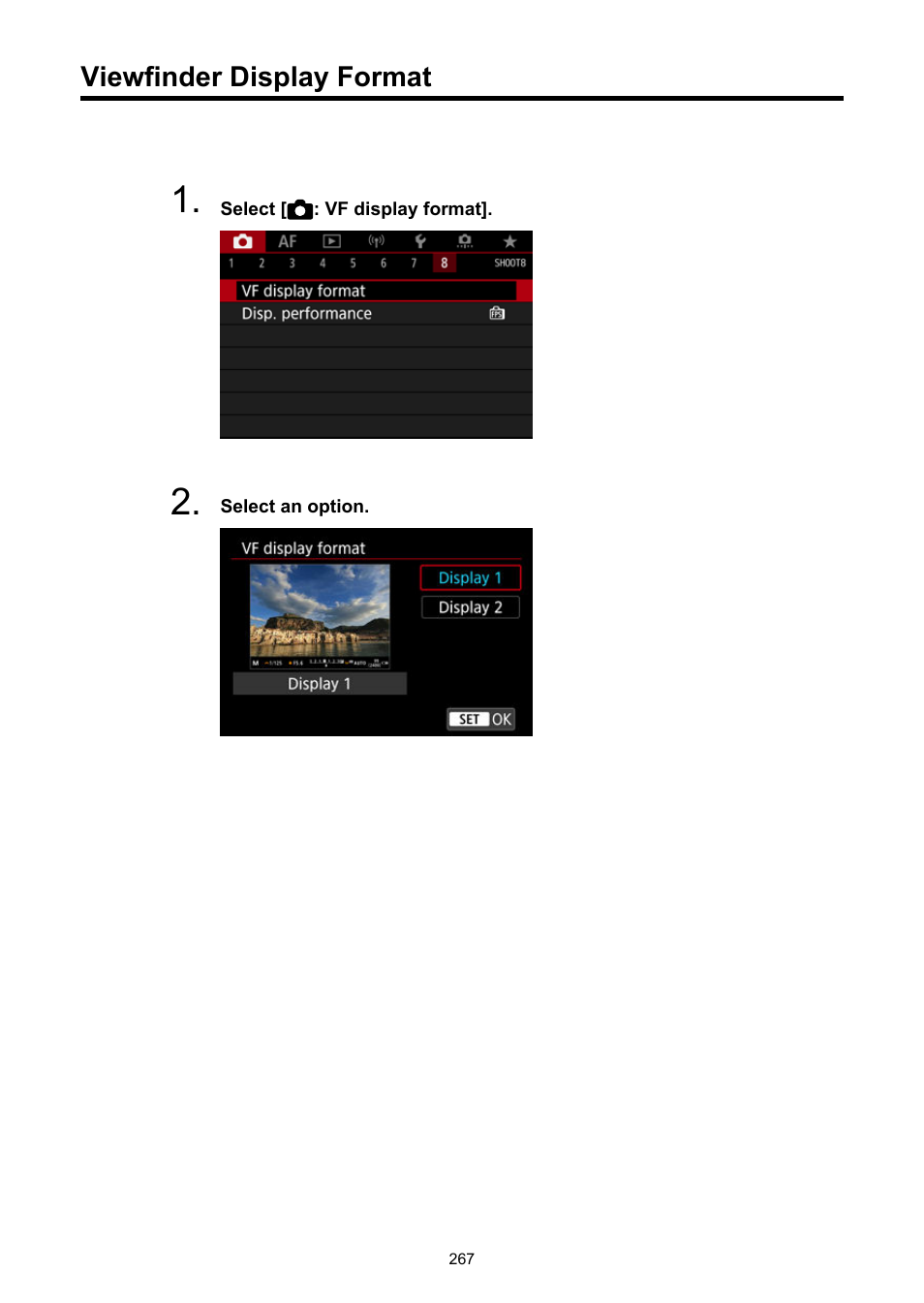 Viewfinder display format, Vf display format | Canon EOS R5 C VR Creator Kit with RF 5.2mm f/2.8 Dual Fisheye Lens User Manual | Page 267 / 787