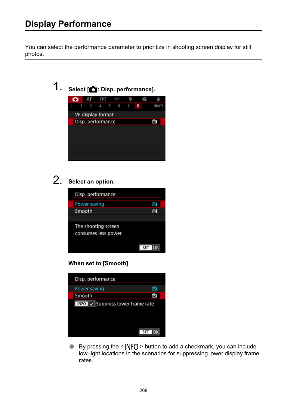 Display performance, Disp. performance | Canon EOS R5 C VR Creator Kit with RF 5.2mm f/2.8 Dual Fisheye Lens User Manual | Page 268 / 787