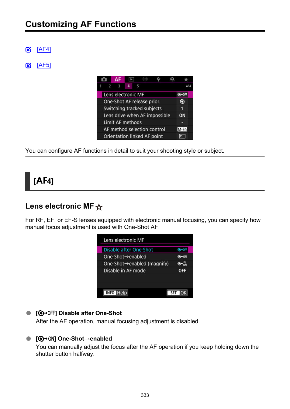 Customizing af functions, Lens electronic mf, 4] lens electronic mf | Canon EOS R5 C VR Creator Kit with RF 5.2mm f/2.8 Dual Fisheye Lens User Manual | Page 333 / 787