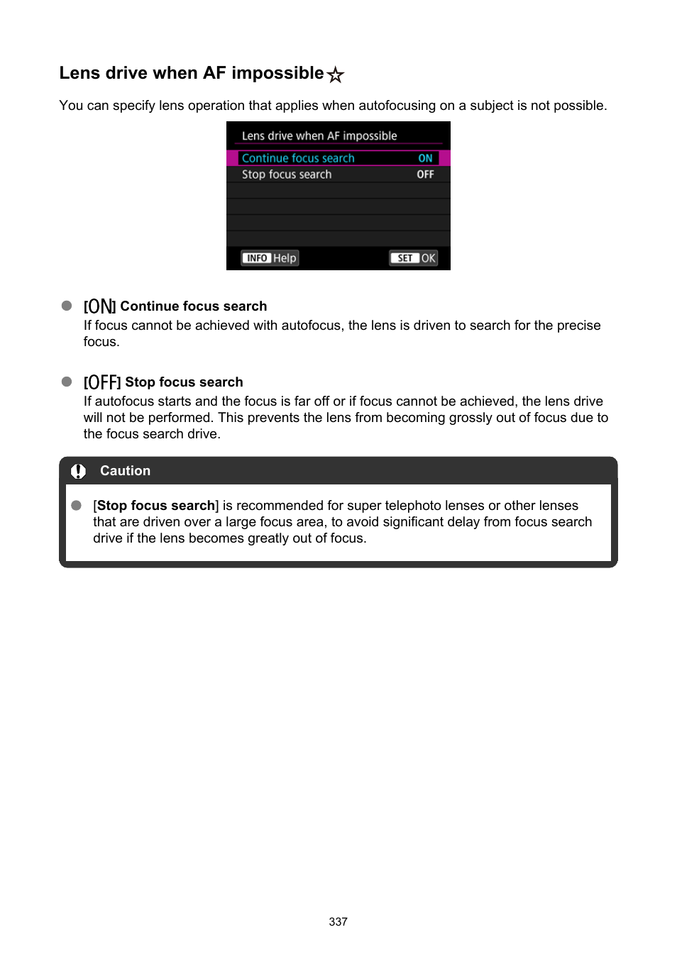 Lens drive when af impossible | Canon EOS R5 C VR Creator Kit with RF 5.2mm f/2.8 Dual Fisheye Lens User Manual | Page 337 / 787