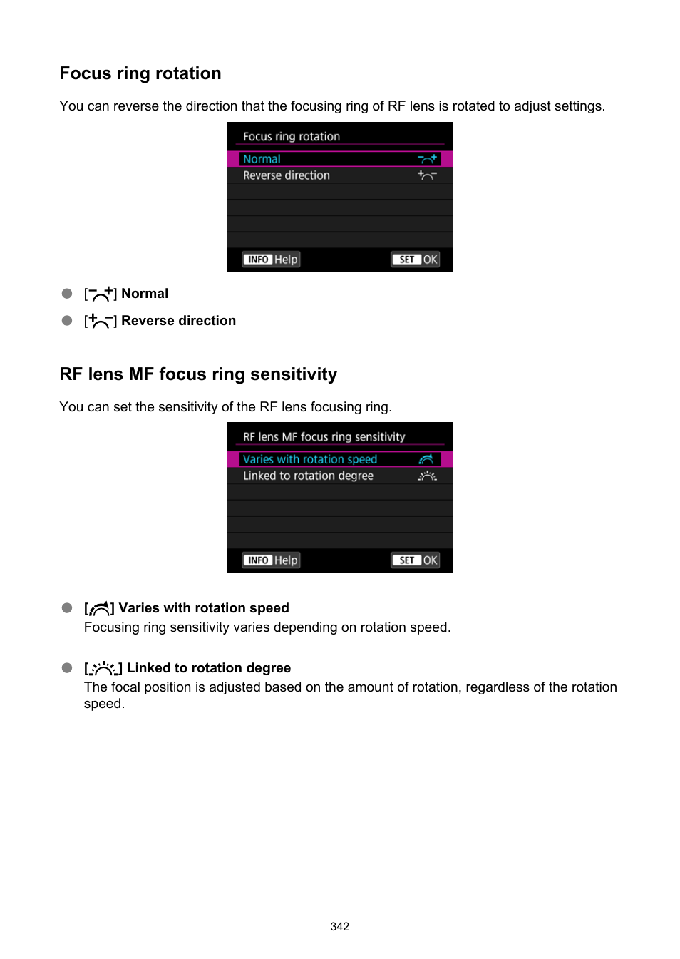 Focus ring rotation, Rf lens mf focus ring sensitivity | Canon EOS R5 C VR Creator Kit with RF 5.2mm f/2.8 Dual Fisheye Lens User Manual | Page 342 / 787