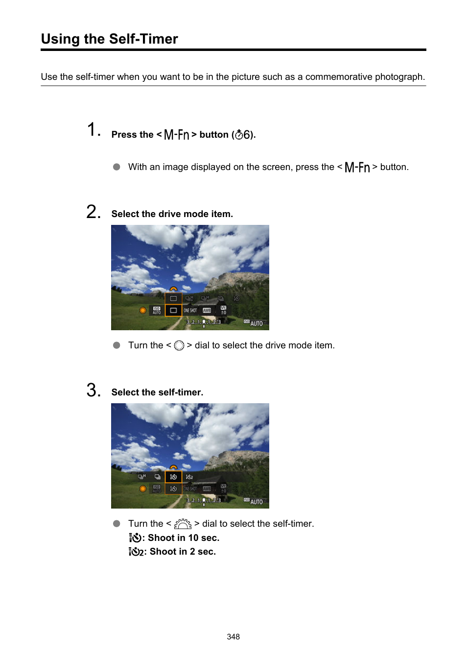 Using the self-timer, For self-timer shooting, see, For remote control shooting, see | Canon EOS R5 C VR Creator Kit with RF 5.2mm f/2.8 Dual Fisheye Lens User Manual | Page 348 / 787