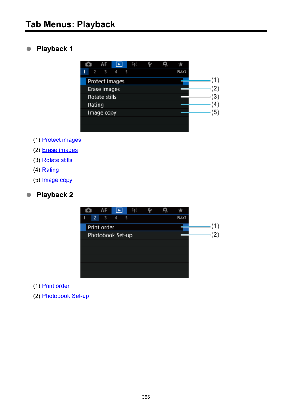 Tab menus: playback | Canon EOS R5 C VR Creator Kit with RF 5.2mm f/2.8 Dual Fisheye Lens User Manual | Page 356 / 787