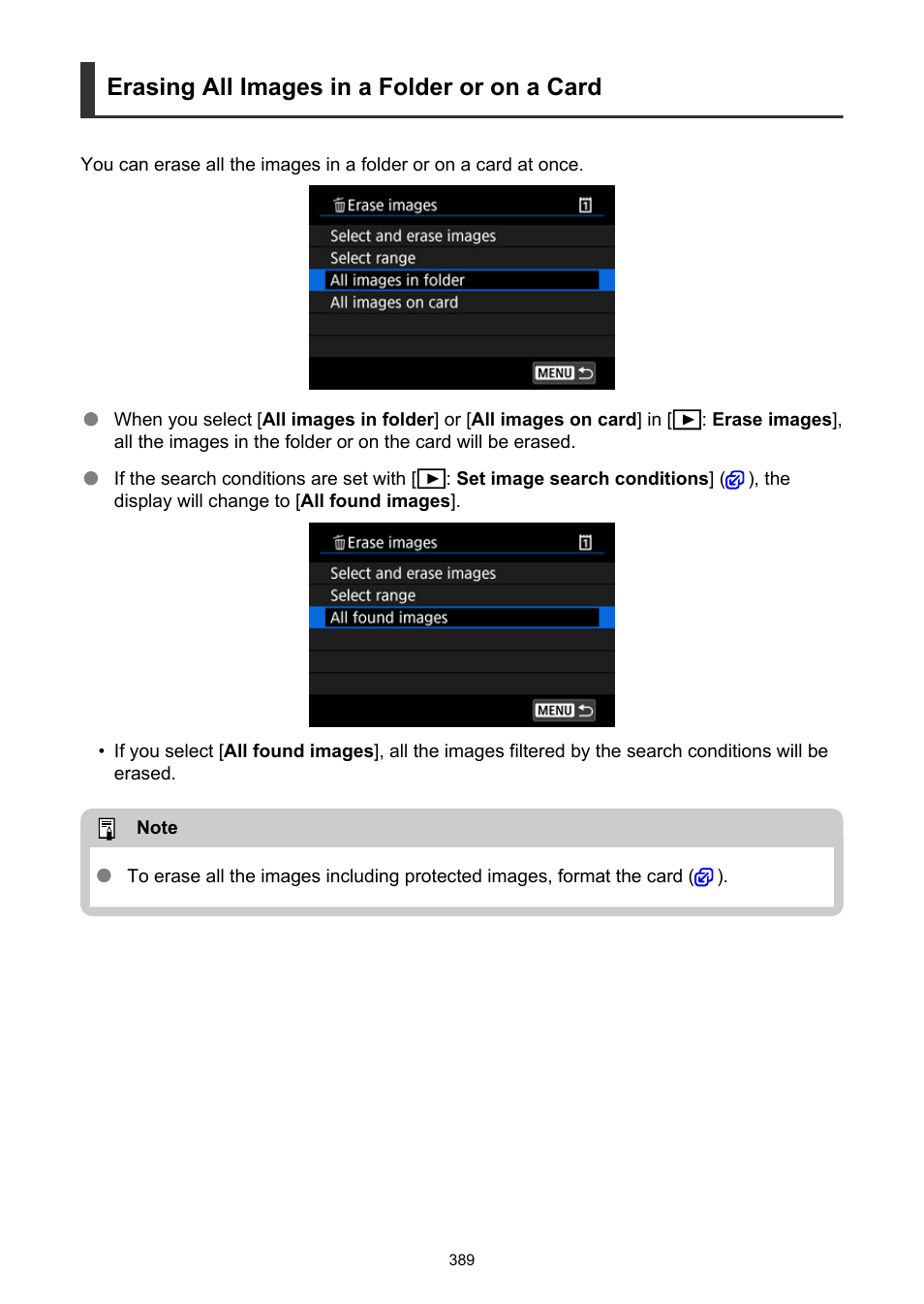 Erasing all images in a folder or on a card | Canon EOS R5 C VR Creator Kit with RF 5.2mm f/2.8 Dual Fisheye Lens User Manual | Page 389 / 787