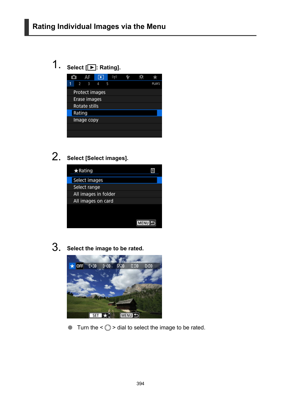 Rating individual images via the menu | Canon EOS R5 C VR Creator Kit with RF 5.2mm f/2.8 Dual Fisheye Lens User Manual | Page 394 / 787