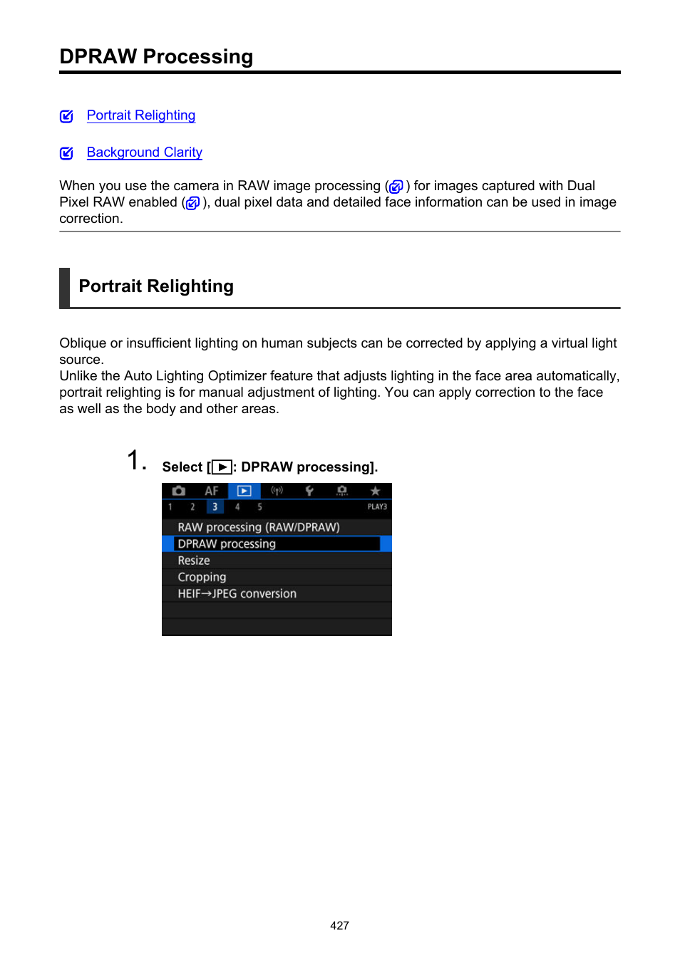 Dpraw processing, Portrait relighting | Canon EOS R5 C VR Creator Kit with RF 5.2mm f/2.8 Dual Fisheye Lens User Manual | Page 427 / 787