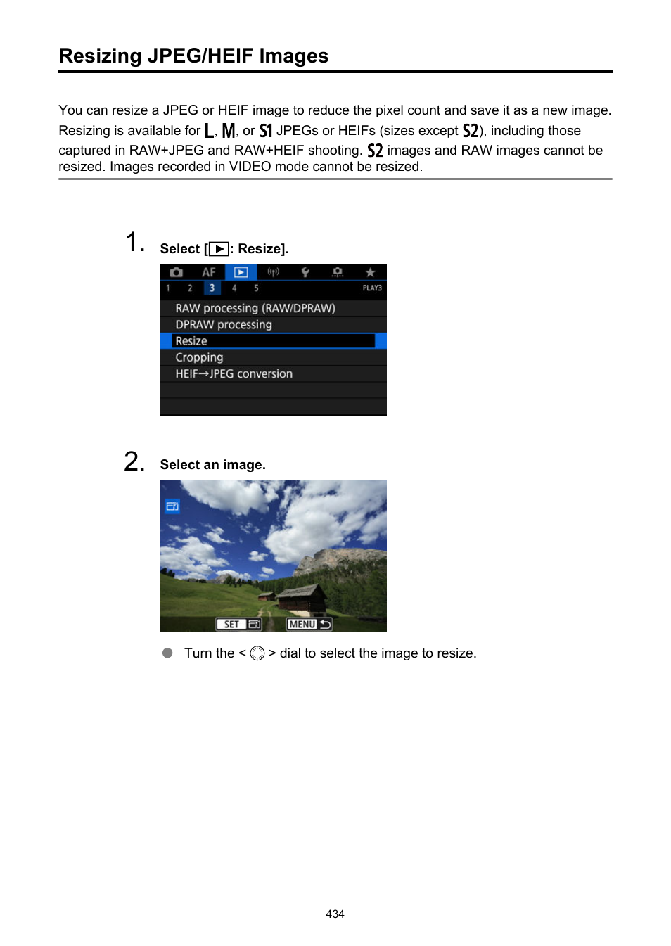 Resizing jpeg/heif images, Resize | Canon EOS R5 C VR Creator Kit with RF 5.2mm f/2.8 Dual Fisheye Lens User Manual | Page 434 / 787