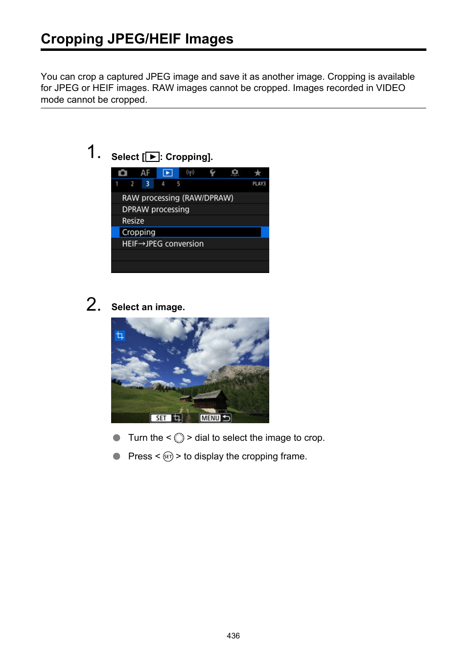 Cropping jpeg/heif images, Cropping | Canon EOS R5 C VR Creator Kit with RF 5.2mm f/2.8 Dual Fisheye Lens User Manual | Page 436 / 787