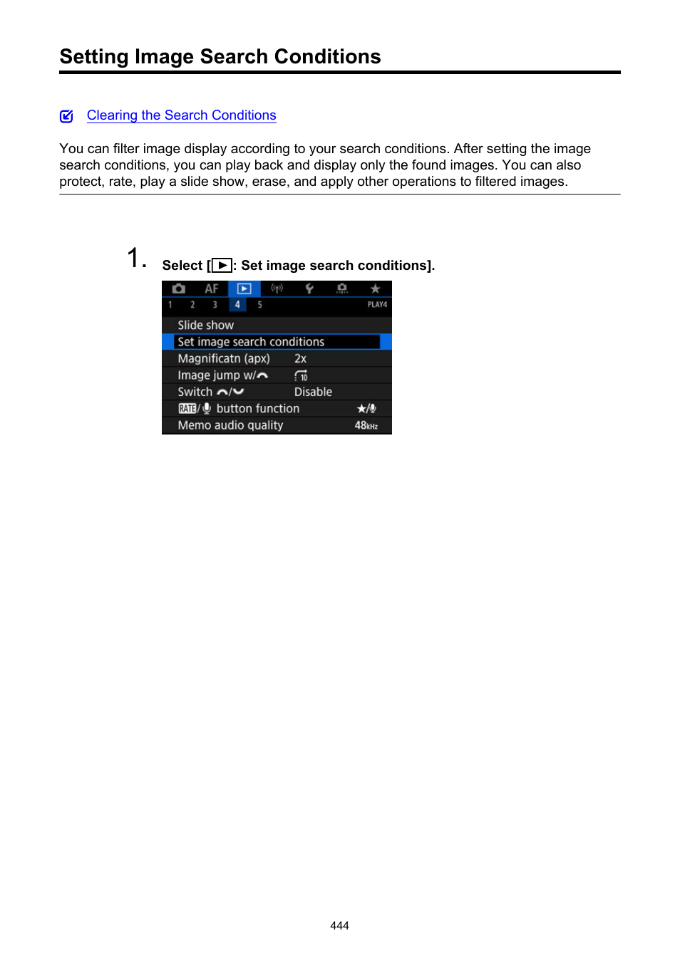 Setting image search conditions, Set image search conditions | Canon EOS R5 C VR Creator Kit with RF 5.2mm f/2.8 Dual Fisheye Lens User Manual | Page 444 / 787