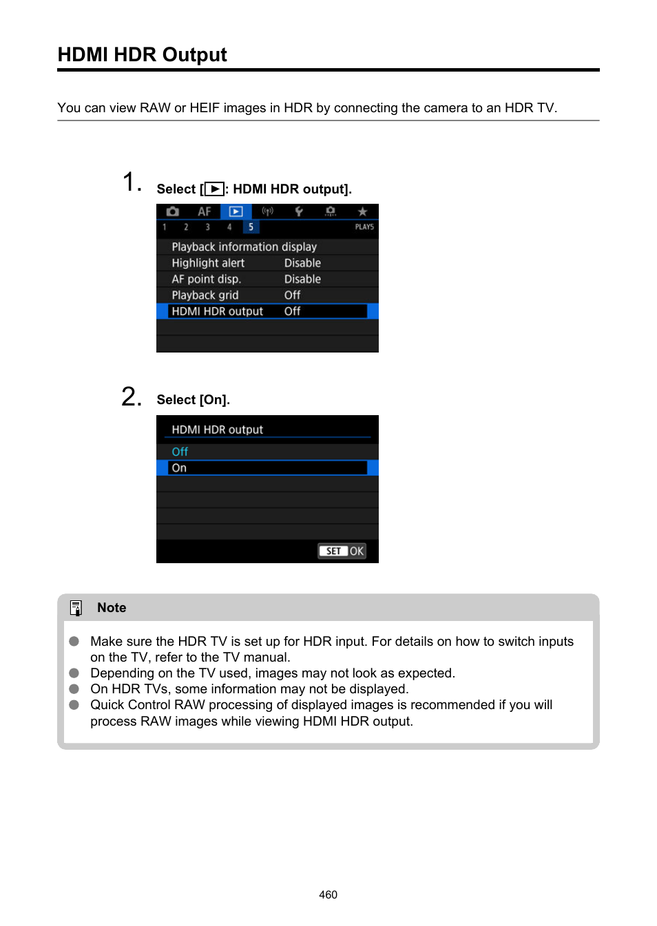 Hdmi hdr output | Canon EOS R5 C VR Creator Kit with RF 5.2mm f/2.8 Dual Fisheye Lens User Manual | Page 460 / 787