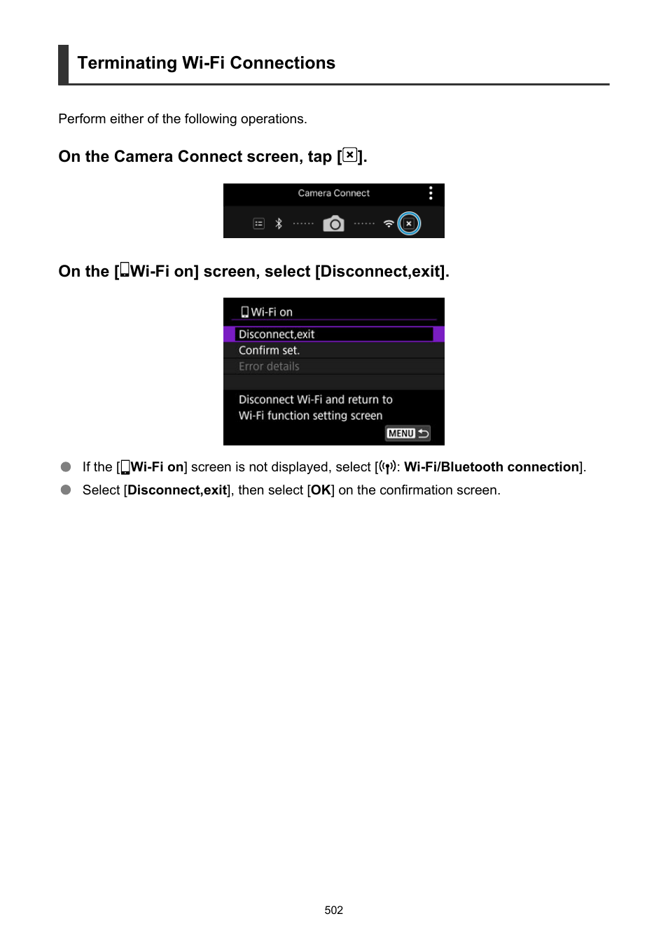 Terminating wi-fi connections | Canon EOS R5 C VR Creator Kit with RF 5.2mm f/2.8 Dual Fisheye Lens User Manual | Page 502 / 787