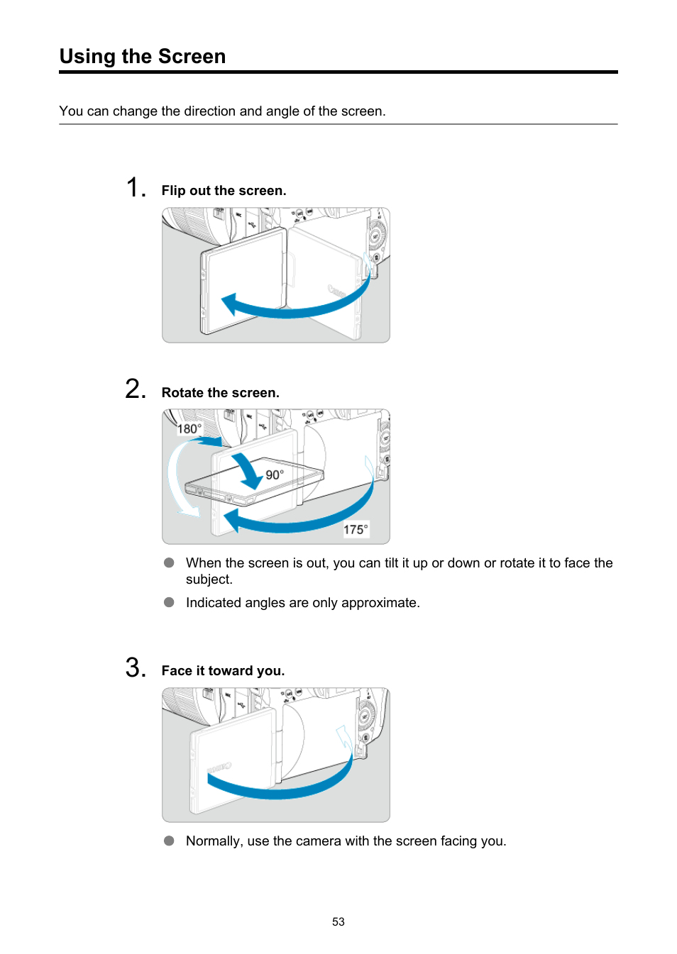 Using the screen | Canon EOS R5 C VR Creator Kit with RF 5.2mm f/2.8 Dual Fisheye Lens User Manual | Page 53 / 787