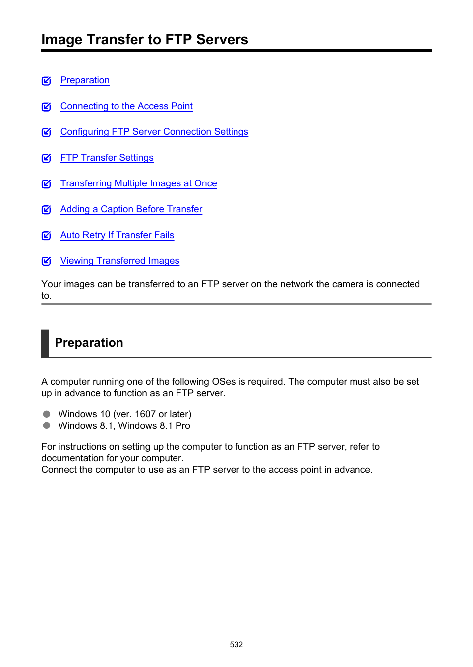 Image transfer to ftp servers, Image transfer, Preparation | Canon EOS R5 C VR Creator Kit with RF 5.2mm f/2.8 Dual Fisheye Lens User Manual | Page 532 / 787