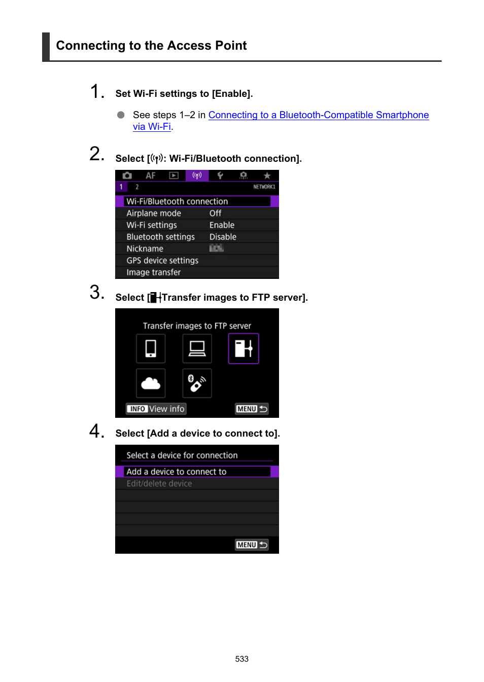 Connecting to the access point | Canon EOS R5 C VR Creator Kit with RF 5.2mm f/2.8 Dual Fisheye Lens User Manual | Page 533 / 787